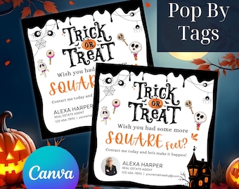 Étiquette-cadeau d'agent immobilier Halloween - Pop by tag - Étiquettes imprimables des bonbons et des sorts - Etiquettes pour cadeaux marketing immobilier d'automne Canva