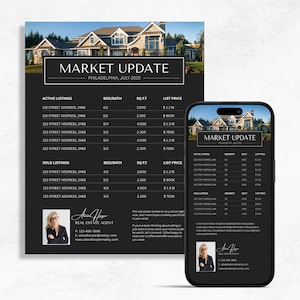 Peut inclure: Une brochure de mise &agrave; jour du march&eacute; immobilier en noir et blanc avec une photo d'une maison. La brochure liste les propri&eacute;t&eacute;s actives et vendues avec les adresses, les chambres et les salles de bain, la superficie et les prix de vente. La brochure comprend &eacute;galement une photo d'un agent immobilier et des coordonn&eacute;es.