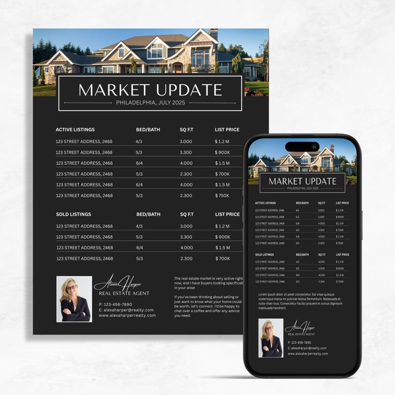 Peut inclure: Une brochure de mise &agrave; jour du march&eacute; immobilier en noir et blanc avec une photo d'une maison. La brochure liste les propri&eacute;t&eacute;s actives et vendues avec les adresses, les chambres et les salles de bain, la superficie et les prix de vente. La brochure comprend &eacute;galement une photo d'un agent immobilier et des coordonn&eacute;es.