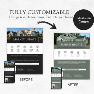 Peut inclure: Une maquette avant-apr&egrave;s d'une brochure de mise &agrave; jour du march&eacute; immobilier. La brochure est en noir et blanc avec une image de maison et du texte qui dit "Mise &agrave; jour du march&eacute;". La version apr&egrave;s est en vert et blanc avec le m&ecirc;me contenu.