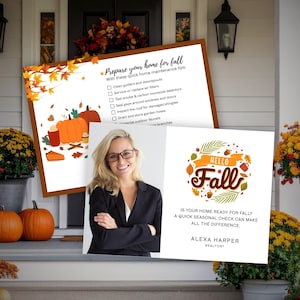 Puede incluir: Una postal de marketing con una lista de verificación de mantenimiento del hogar con temática otoñal, un retrato de un agente inmobiliario y el texto "Hello Fall" junto a "Is your home ready for fall?" y "Alexa Harper Realtor".