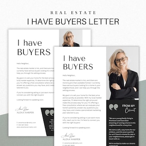 Plantilla de carta de "Tengo compradores", carta de prospección inmobiliaria de lujo, folleto de agente inmobiliario sobre agricultura, marketing inmobiliario, plantilla editable de Canva