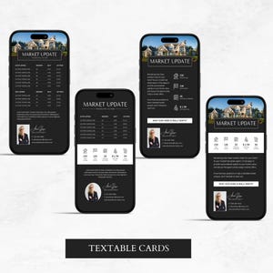Peut inclure: Trois maquettes de t&eacute;l&eacute;phones mobiles en noir et blanc avec un fond sombre. Chaque t&eacute;l&eacute;phone affiche une mise &agrave; jour du march&eacute; immobilier avec une photo d'une maison, un tableau de donn&eacute;es et une photo d'un agent immobilier. Le texte sur le t&eacute;l&eacute;phone dit "Mise &agrave; jour du march&eacute;" et "Quelle est la vraie valeur de votre maison ?"