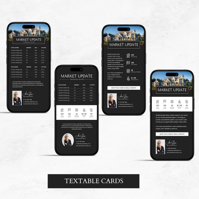 Peut inclure: Trois maquettes de t&eacute;l&eacute;phones mobiles en noir et blanc avec un fond sombre. Chaque t&eacute;l&eacute;phone affiche une mise &agrave; jour du march&eacute; immobilier avec une photo d'une maison, un tableau de donn&eacute;es et une photo d'un agent immobilier. Le texte sur le t&eacute;l&eacute;phone dit "Mise &agrave; jour du march&eacute;" et "Quelle est la vraie valeur de votre maison ?"