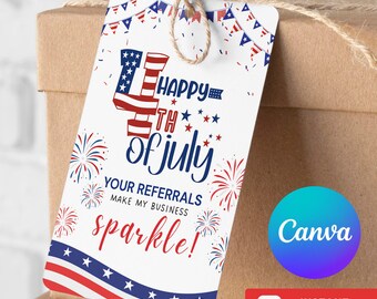 May include: A white gift tag with a patriotic design, displaying the text "Happy 4th of July" in red, white, and blue. The tag includes firework illustrations and the phrase "Your referrals make my business sparkle!" tied to a brown box.