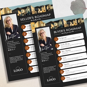 May include: A black and brown real estate flyer with a photo of a woman and the text "Seller's Roadmap" and "Buyer's Roadmap". The flyer outlines the steps involved in buying and selling a home.