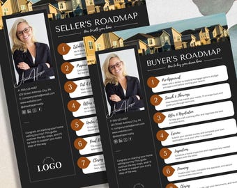May include: A black and brown real estate flyer with a photo of a woman and the text "Seller's Roadmap" and "Buyer's Roadmap". The flyer outlines the steps involved in buying and selling a home.