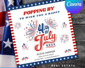 May include: A square white Pop By Tag with red and blue accents, featuring fireworks and the text "4th of July." The tag includes the text "Popping By To Wish You a Happy" and "Alexa Harper, Real Estate Agent."