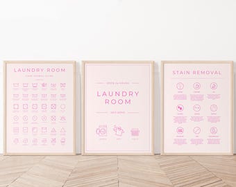 Juego de 3 ilustraciones imprimibles de lavandería rosa, guía de símbolos de lavandería, guía de cuidado para quitar manchas, letrero de lavandería de autoservicio, humor de lavandería