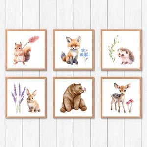 Set of 6 watercolour baby woodland animals nursery art prints, bunny rabbit fox bear squirrel hedgehog deer, minimalist floral forest simple