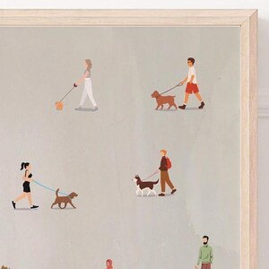 May include: A digital illustration of people walking their dogs. The illustration is in a minimalist style with a light gray background. The people are depicted in simple lines and colors, and the dogs are all different breeds.