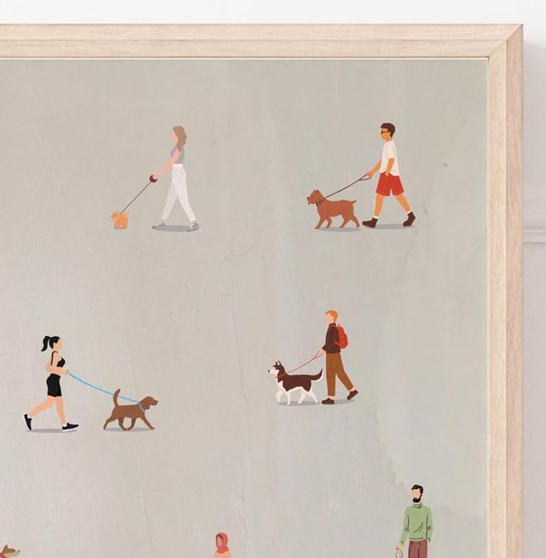 May include: A digital illustration of people walking their dogs. The illustration is in a minimalist style with a light gray background. The people are depicted in simple lines and colors, and the dogs are all different breeds.