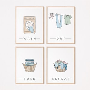 Tvättstuga konst set med 4 utskrivbara minimalistiska inflyttningsgåvor moderna tvättstugatryck kustinredning tvätthumor konsttryck