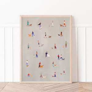 May include: A light gray print with a pattern of people walking their dogs. The people are all wearing different clothes and the dogs are all different breeds. The print is framed in a light wood frame.