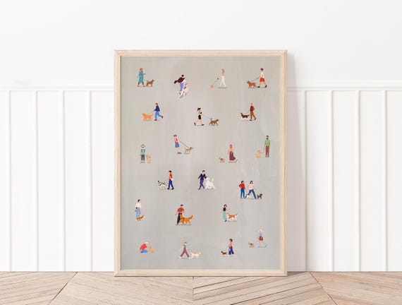 Tiny dog walkers instant download printable wall art, tiny people art, dog breeds print, veterinary decor, modern minimalist dog art