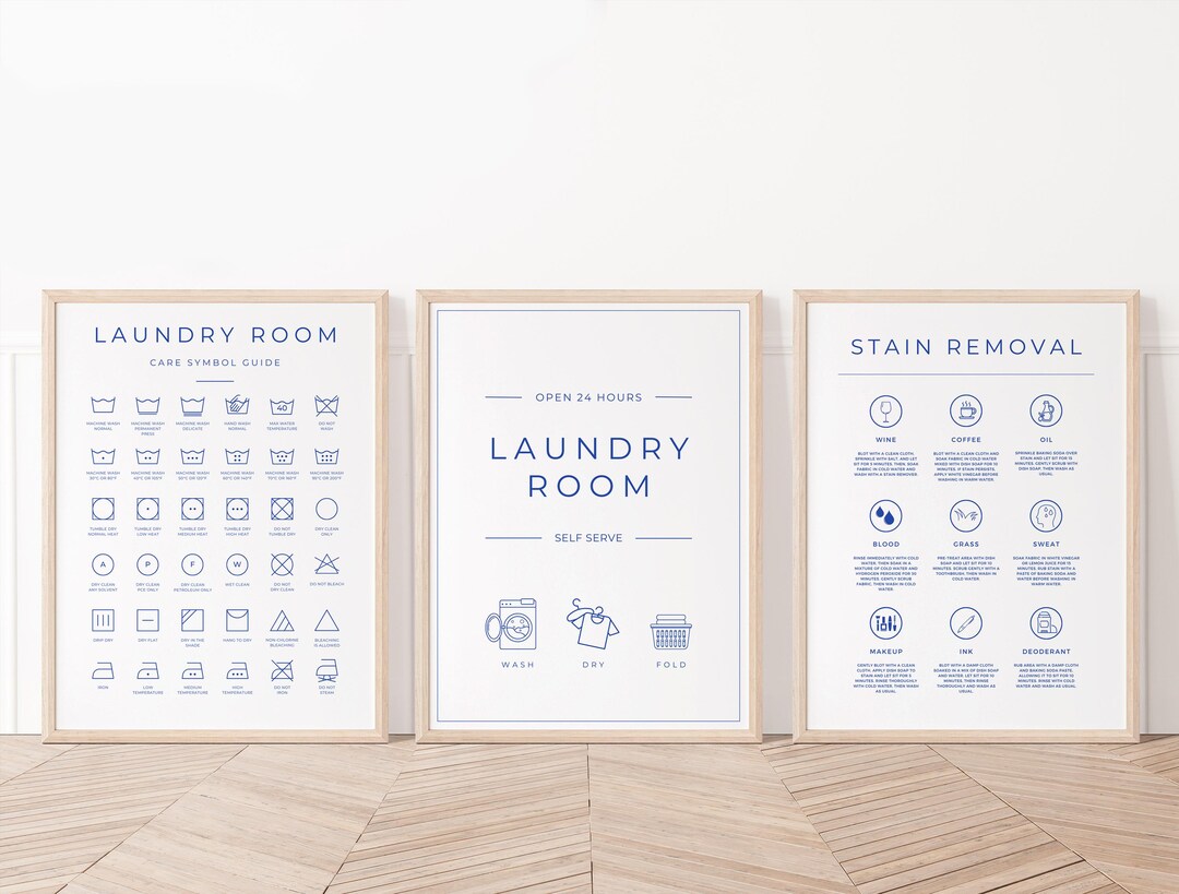 Set of 3 Laundry Room Prints, Blue and White Minimalist Laundry Room ...