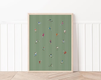 Tiny people soccer art print, modern minimalist soccer player poster, boys girls room retro decor, mini people, dad office athlete gift