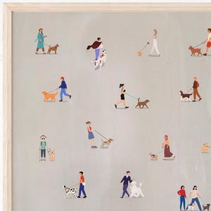 May include: A digital illustration of people walking their dogs on a light gray background. The people are depicted in various styles and colors, and the dogs are a variety of breeds.