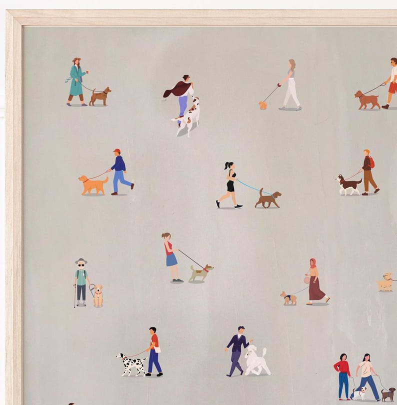 May include: A digital illustration of people walking their dogs on a light gray background. The people are depicted in various styles and colors, and the dogs are a variety of breeds.