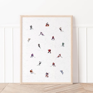 May include: A framed print featuring a white background with numerous hockey players in a variety of poses and colours. The players are dispersed across the print, creating a dynamic and energetic composition.