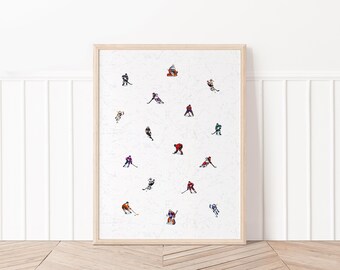 Tiny people hockey art print, modern minimalist hockey player poster, boys room sports art, mini people hockey girls print, kids sports room