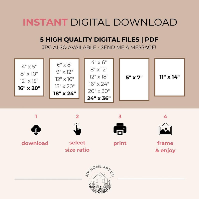 May include: A digital download graphic with instructions on how to download, select a size ratio, print, and frame a digital file. The graphic lists various sizes in inches, including 4x5, 8x10, 12x15, 16x20, 6x8, 9x12, 12x16, 15x20, 18x24, 4x6, 8x12, 12x18, 16x24, 20x30, 24x36, 5x7, and 11x14.