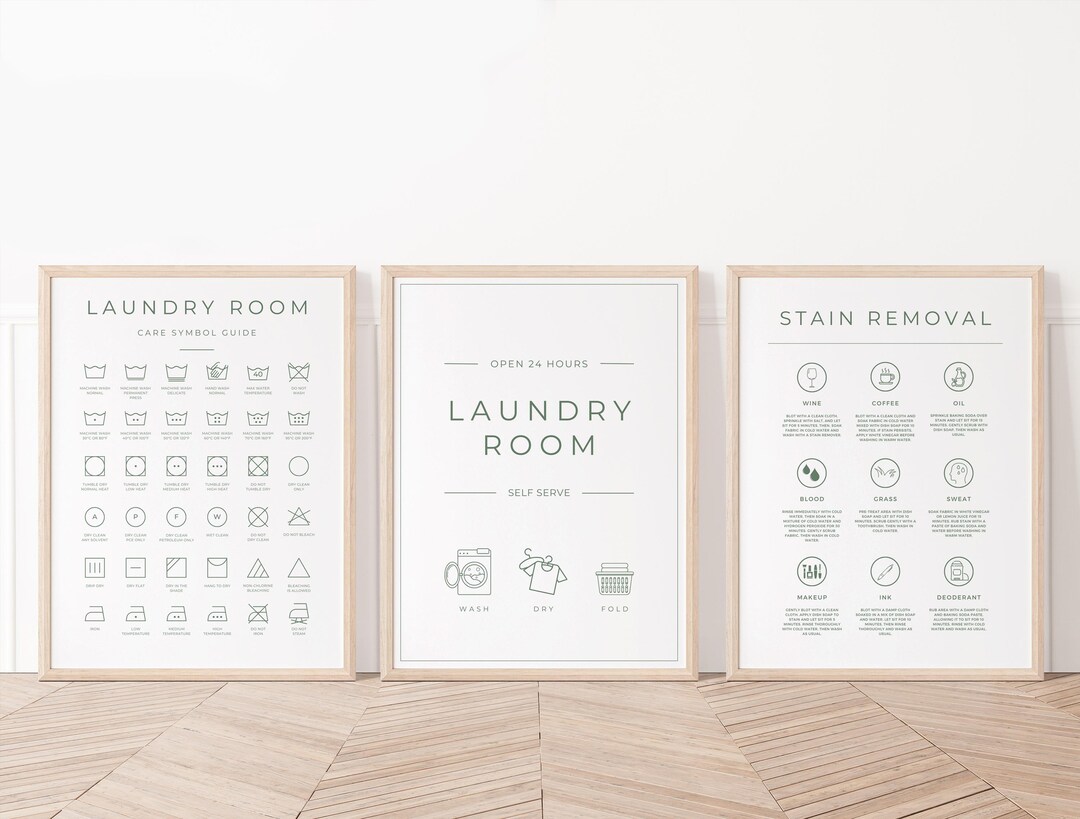 Set of 3 Minimalist Green and White Laundry Room Art Prints, Green ...