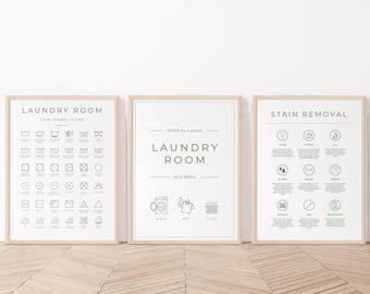 Set of 3 minimalist green and white laundry room art prints, green laundry symbols guide, stain removal guide, self serve laundry room sign