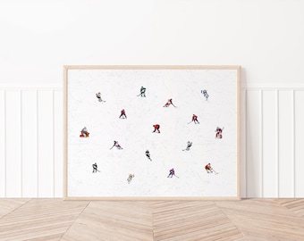 Horizontal hockey print, tiny people hockey players modern sports art, minimalist hockey wall art, kids sports room decor, hockey gift
