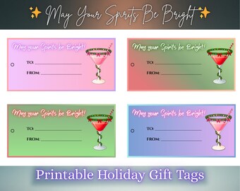 Afdrukbare kerstcocktailcadeaukaartjes, May Your Spirits Be Bright Cadeaulabel kerstcadeau, grappig kerstdrankje, instant download