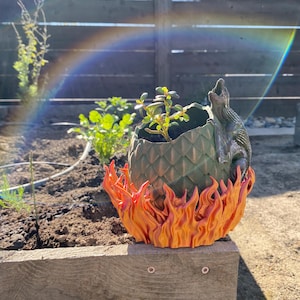 May include: A green dragon egg planter with a small plant growing out of the top. The egg is sitting on a bed of orange flames.