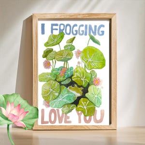 Jolie carte de Saint-Valentin pour les amoureux de la grenouille - Cadeau d'anniversaire drôle de Saint-Valentin pour elle/lui, peint à la main, mot d'amour, modèle de toile modifiable
