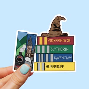 Wizard School Houses Bookstack Sticker | Wizard Vinyl Decal | Hand Drawn | Waterproof Bottle Laptop Sticker for HP Fans | Vinyl Sticker