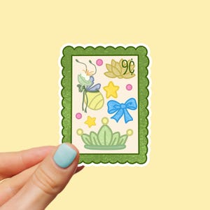 Frog Princess Stamp Sticker | Hand Drawn | Green Crown | Lightning Bug | Bayou | Waterproof Bottle Laptop Sticker for Disney Fans