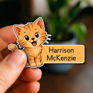 Six Personalised Cute Cat Name Labels | Waterproof School Stickers for Kids, Custom Kitty Labels for Books, Bottles, Lunch Boxes & Daycare