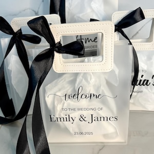 Cute Small Personalised Bridesmaid Gift Bags | Elegant Frosted/Opaque Wedding / Hens Night or Bridal Party Gift Bags With Black Satin Ribbon