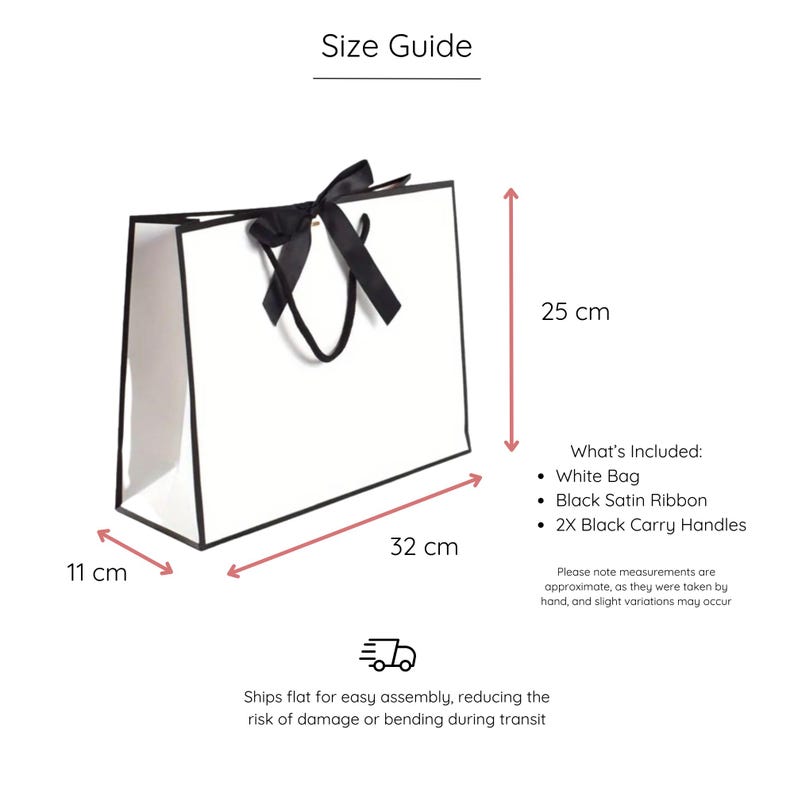 K&ouml;nnte beinhalten: Wei&szlig;e Geschenkt&uuml;te mit schwarzem Satinband und schwarzen Tragegriffen. Die Tasche misst 11 cm in der Breite, 32 cm in der L&auml;nge und 25 cm in der H&ouml;he. Wird flach zum einfachen Zusammenbauen geliefert.