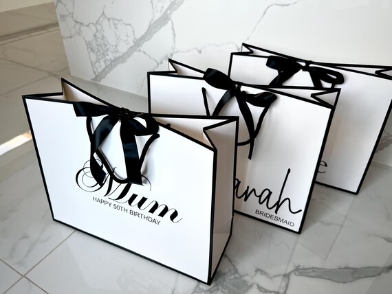 Personalised Luxury Gift Bag | White Customised Bridesmaid Wedding Proposal Bag | Birthday, Engagement, Baby shower gifts or groomsman bag