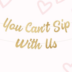 May include: A banner with the words "You Can't Sip With Us" in gold glitter lettering. The banner is strung on a white string, with pink heart outlines in the background. The overall theme is party decorations.
