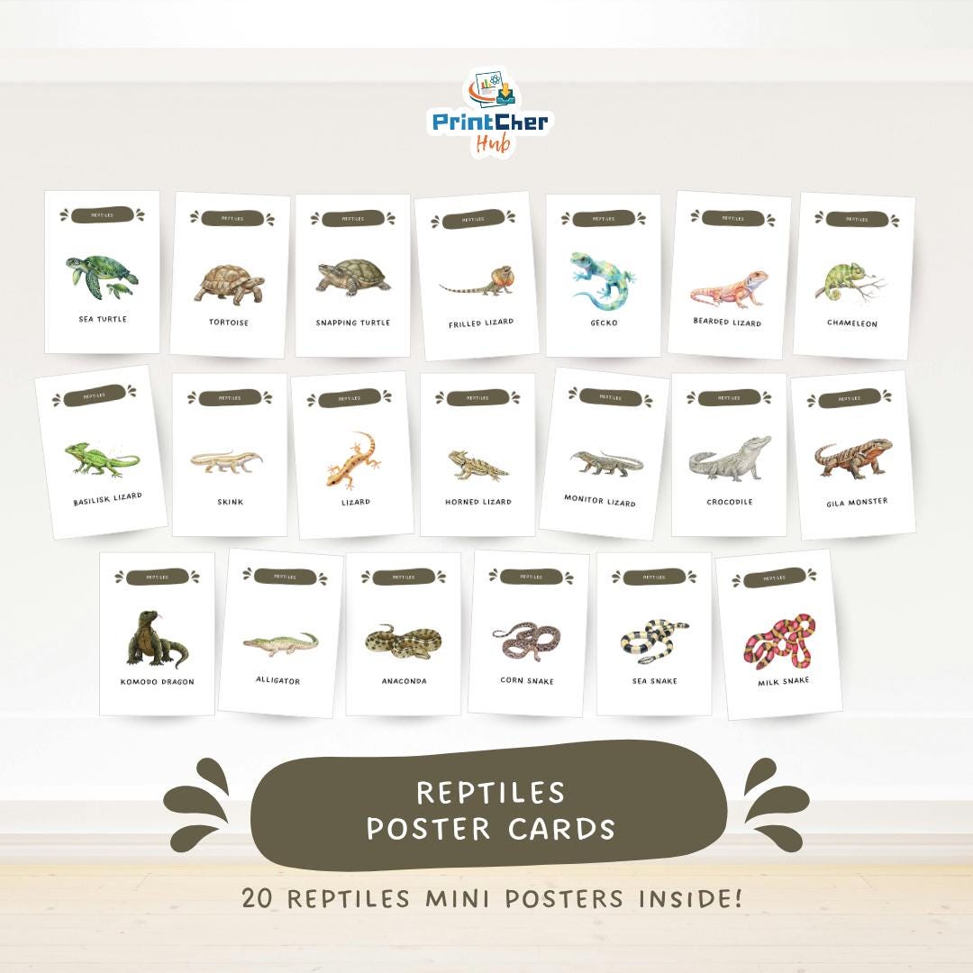 Reptiles Poster Cards Printable | Montessori Animal Mini Posters for ...