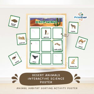 Op de afbeelding: Een ingelijste educatieve poster getiteld "Woestijndieren" met illustraties van woestijndieren en een sorteeractiviteit. Bevat afbeeldingen van een gehoornde hagedis, zandkat, struisvogel, mus, raaf, ratelslang, coyote, kameel en fennek.