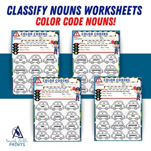 Könnte beinhalten: Lehrreiche Arbeitsblätter mit dem Titel "Nomen-Arbeitsblätter klassifizieren Farbcodenomen!" enthalten farbcodierte Nomenklassifizierungsübungen. Jedes Arbeitsblatt hat ein Ampel-Thema mit Autoillustrationen und Anweisungen zur Identifizierung von Nomen.