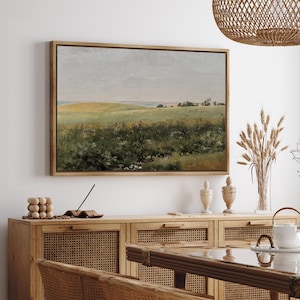 Vintage Wildflower Field Landscape Framed Canvas Print