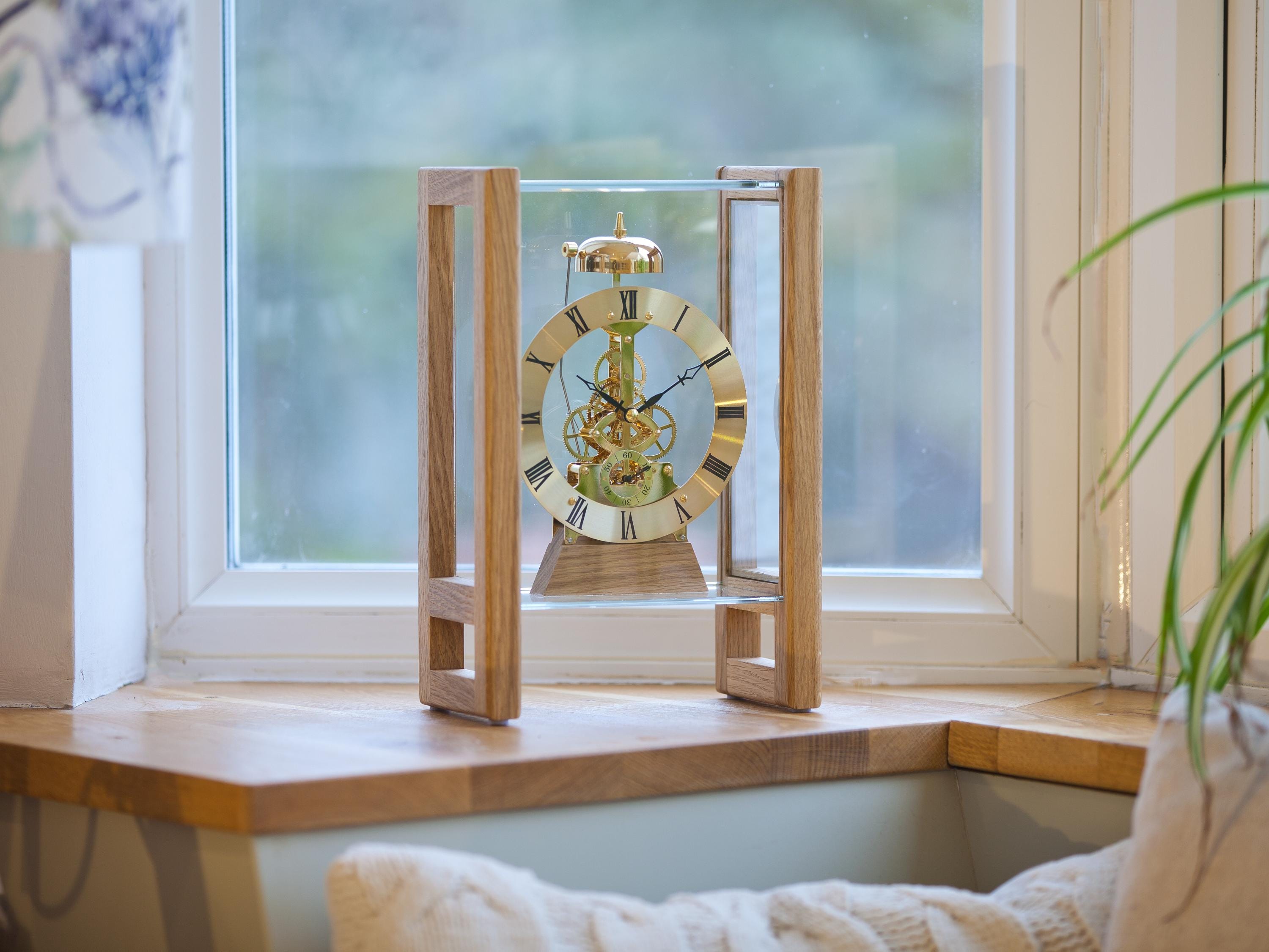 Handcrafted mantle clock in oak and gold- modern-design with a striking quartz movement