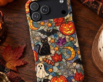 Stained Glass Halloween Phone Case, Gothic Pumpkin Black Cat Case, MagSafe iPhone 18 Pro Max Case, Samsung S26 Case