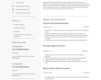 Plantilla de currículum profesional para Canva / Currículum con línea de borde, plantilla de currículum/CV moderna, descarga instantánea Currículum de representante de servicio al cliente