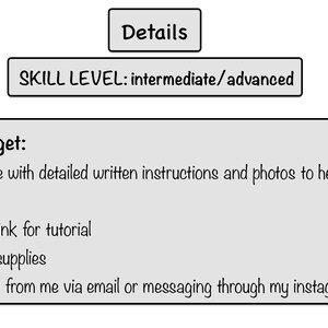 May include: A digital illustration of a checklist with the title "You will get:" and a list of items including a PDF file with detailed written instructions and photos, a video link for a tutorial, a list of supplies, and support via email or messaging through Instagram. The text "SKILL LEVEL: intermediate/advanced" is also included.