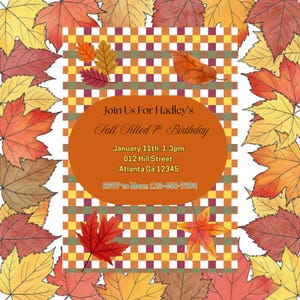 Invitación de cumpleaños para el Festival de Otoño: Calabaza rústica con hojas de otoño (edición en Canva, descarga digital)