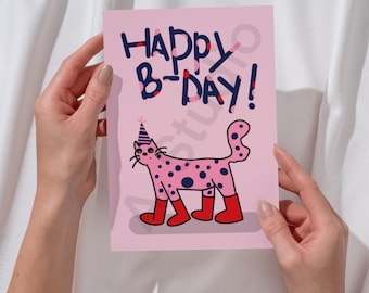 Puede incluir: Tarjeta de cumpleaños rosa con el texto "Happy B-Day!" en letras blancas y negras. Un gato rosa con manchas azules y botas rojas lleva un gorro de fiesta.