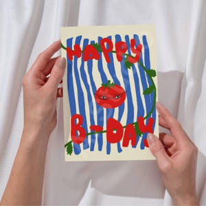 Cartão de aniversário engraçado com tomate – Tomate vermelho peculiar com óculos – Cartão de aniversário engraçado desenhado à mão – Cartão digital para impressão para amigos